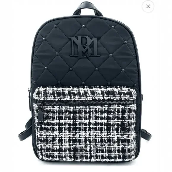 Badgley Mischka Backpack Tweed Quilted Studded Black White 